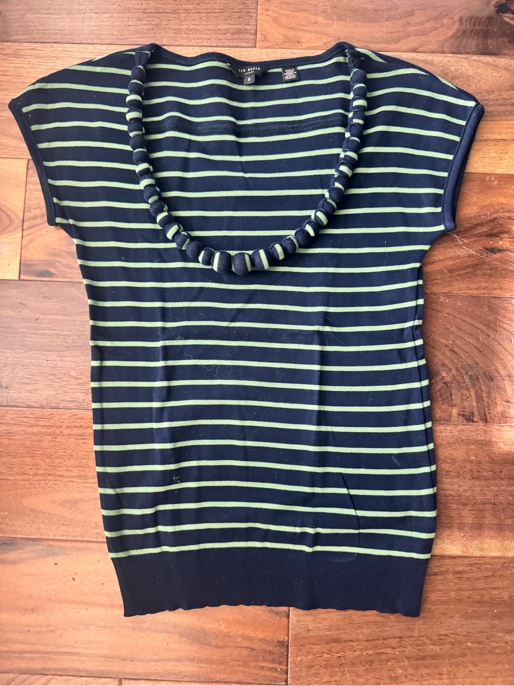 Ted Baker Striped Navy & Green Knit Top with Beaded Neckline, Sz 2